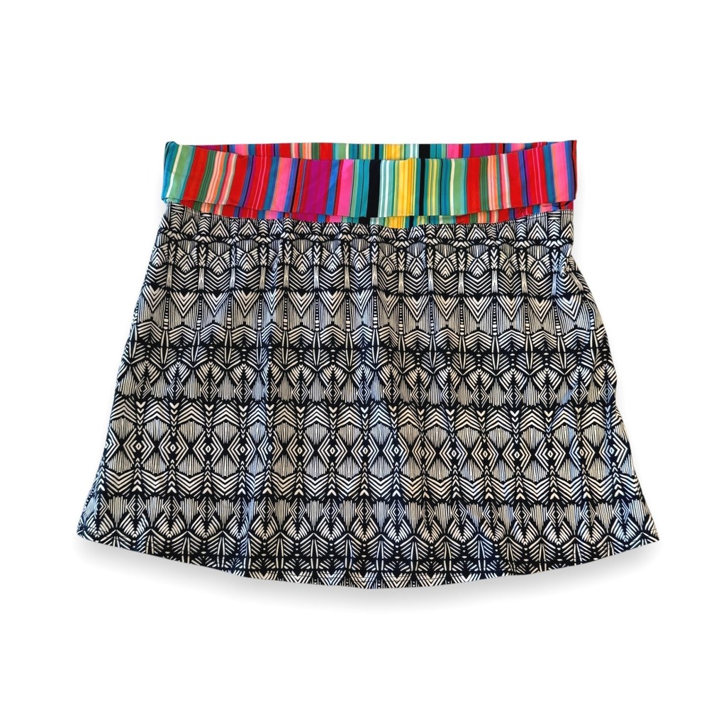 Swim Cover-up Skirt Geometric Black White Multi Stripe Fold Over Waist‎ Sz XL